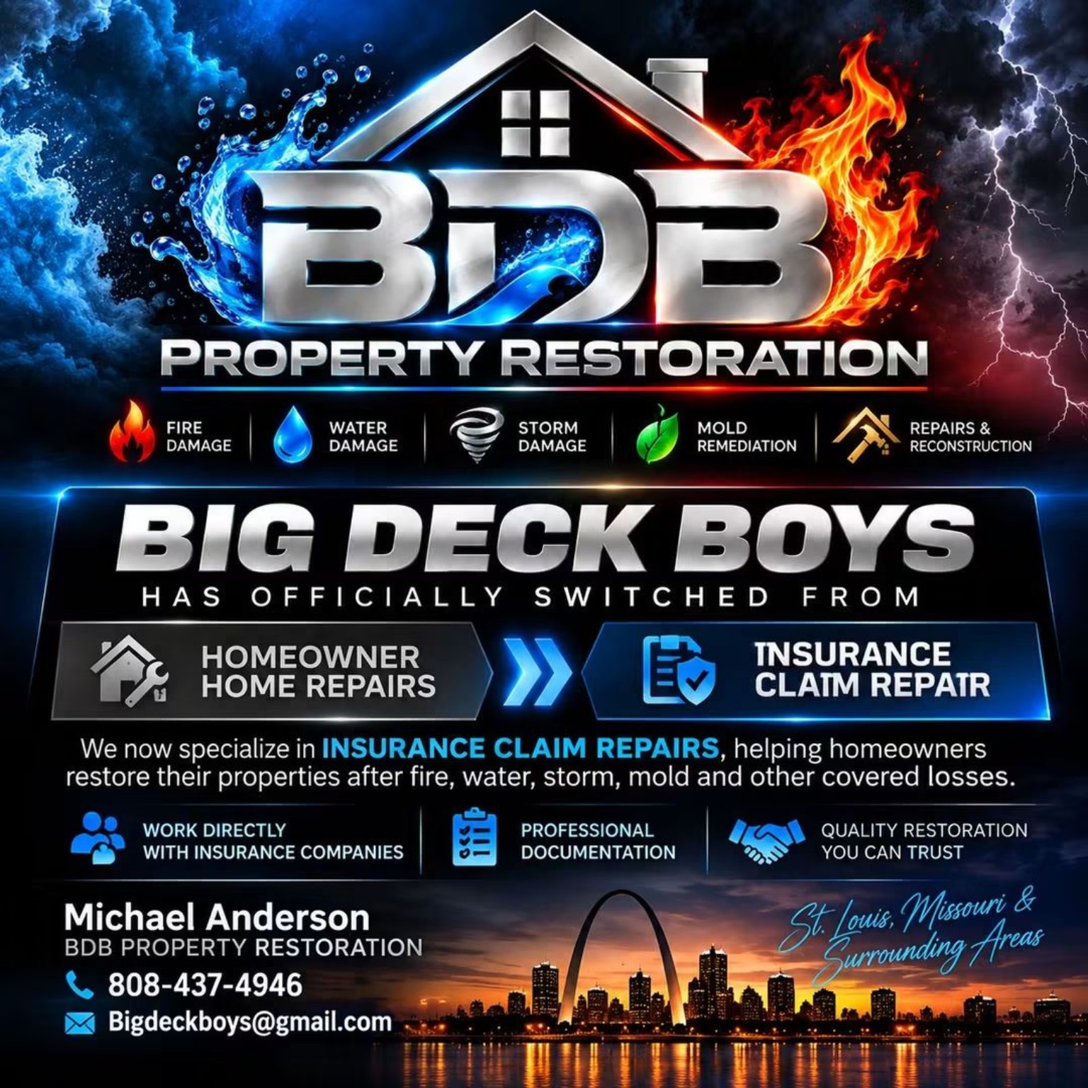 BDB Property Restoration announcement showing fire, water, storm, mold, and reconstruction services in St. Louis